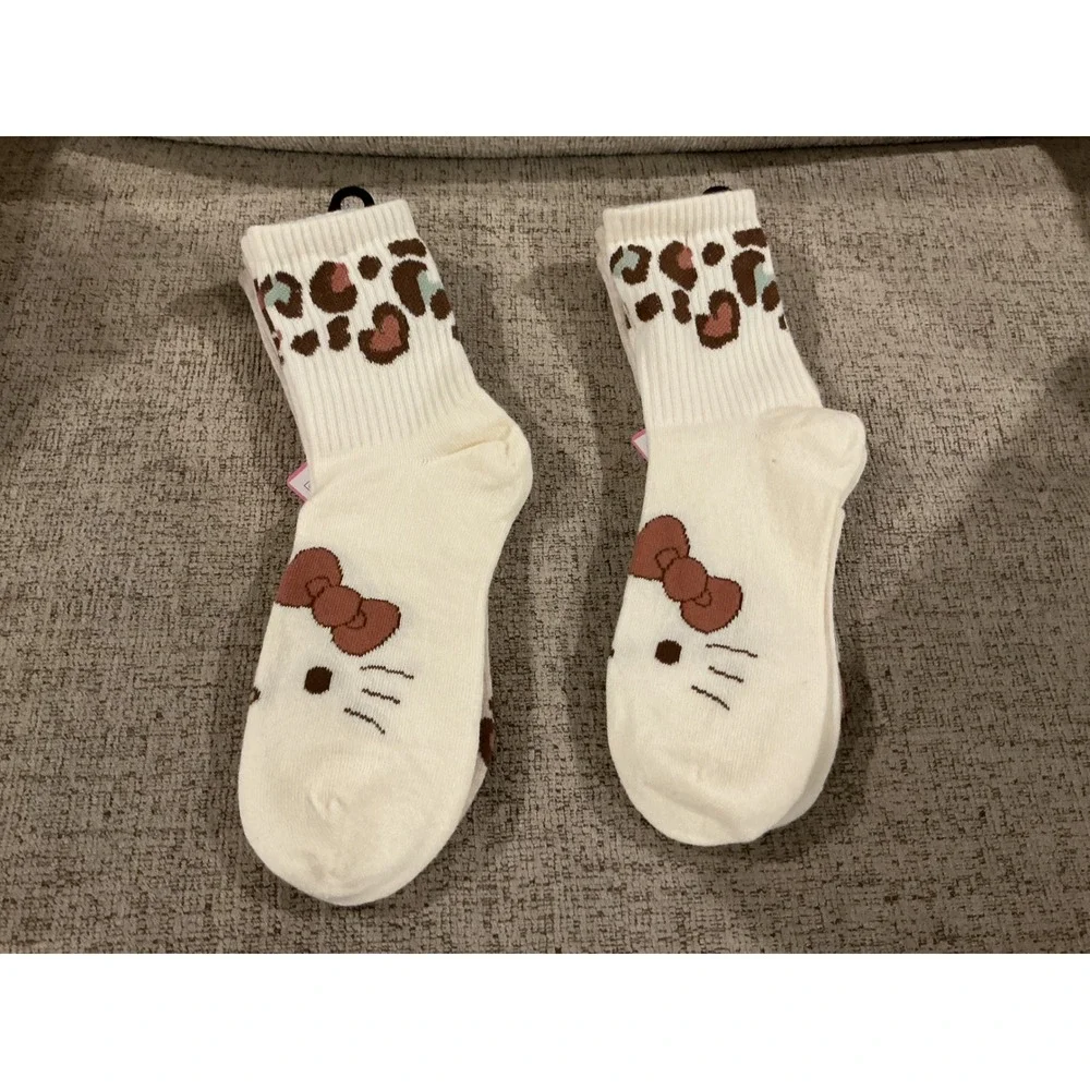 Hello Kitty Sanrio Mid-Crew Socks 2 Pair Pk Tan White Leopard Print Womens 4-10
